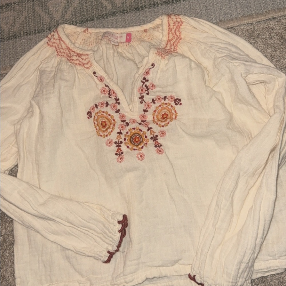 Pink Chicken Cream Blouse with Floral Embroidery